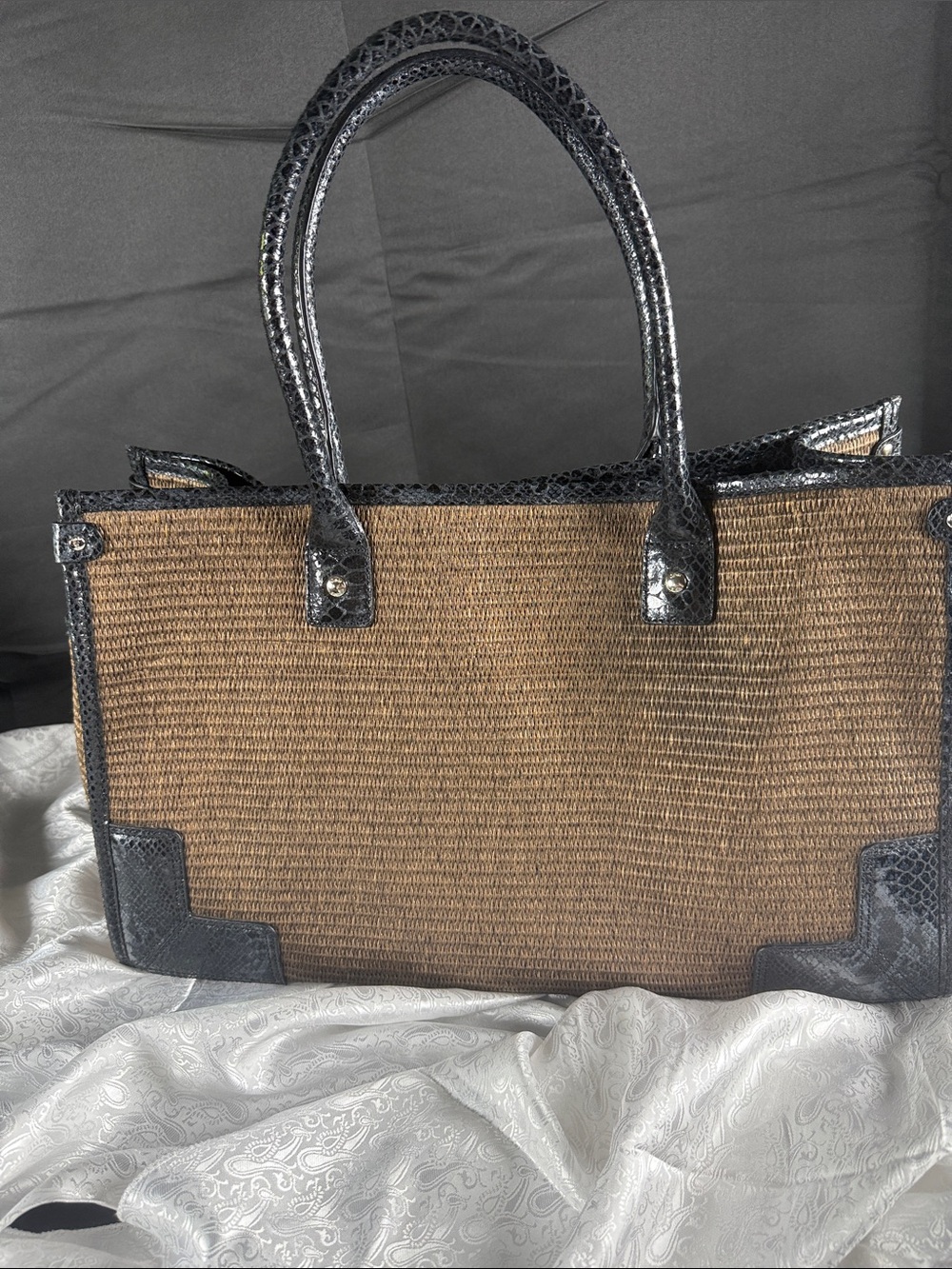 Calvin Klein Brown Straw Tote with Black Trim and Handles - Picture 2 of 5